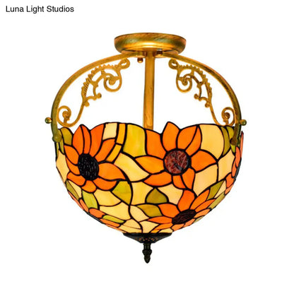 Stained Glass Rose Semi Flush Mount Lighting - Elegant 2-Light Mediterranean Ceiling Fixture in Red/Pink/Blue