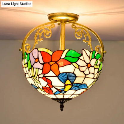 Stained Glass Rose Semi Flush Mount Lighting - Elegant 2-Light Mediterranean Ceiling Fixture in Red/Pink/Blue