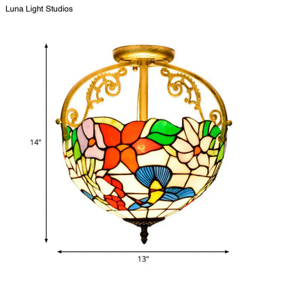 Stained Glass Rose Semi Flush Mount Lighting - Elegant 2-Light Mediterranean Ceiling Fixture in Red/Pink/Blue