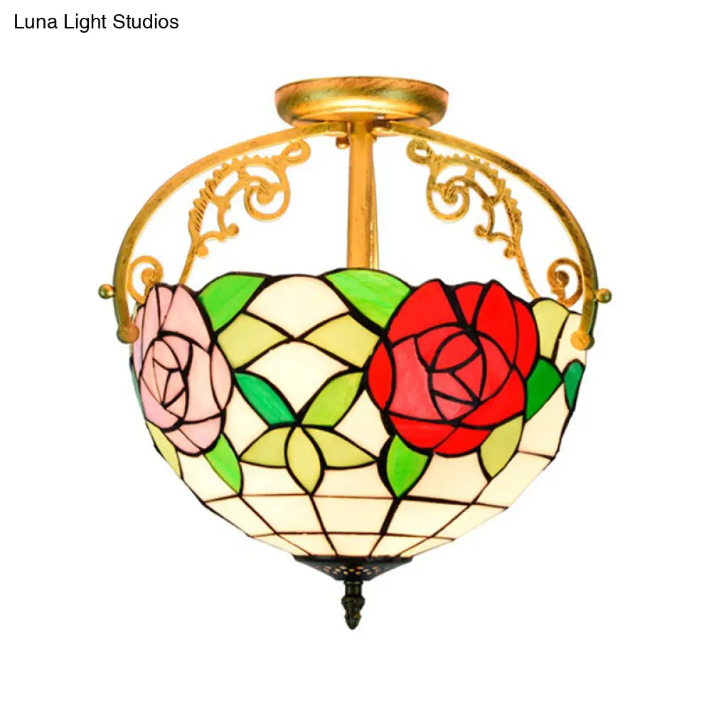 Stained Glass Rose Semi Flush Mount Lighting - Elegant 2-Light Mediterranean Ceiling Fixture in Red/Pink/Blue