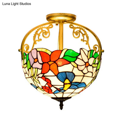 Stained Glass Rose Semi Flush Mount Lighting - Elegant 2-Light Mediterranean Ceiling Fixture in Red/Pink/Blue