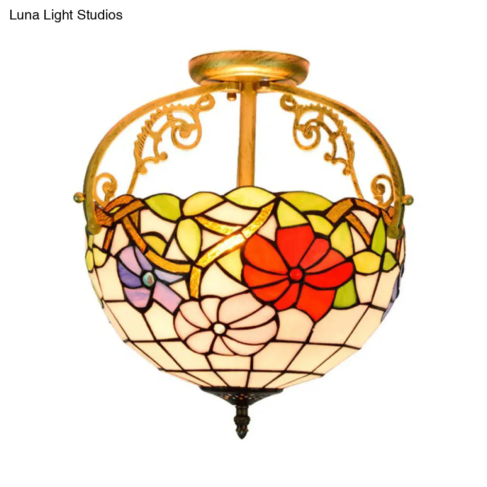 Stained Glass Rose Semi Flush Mount Lighting - Elegant 2-Light Mediterranean Ceiling Fixture in Red/Pink/Blue