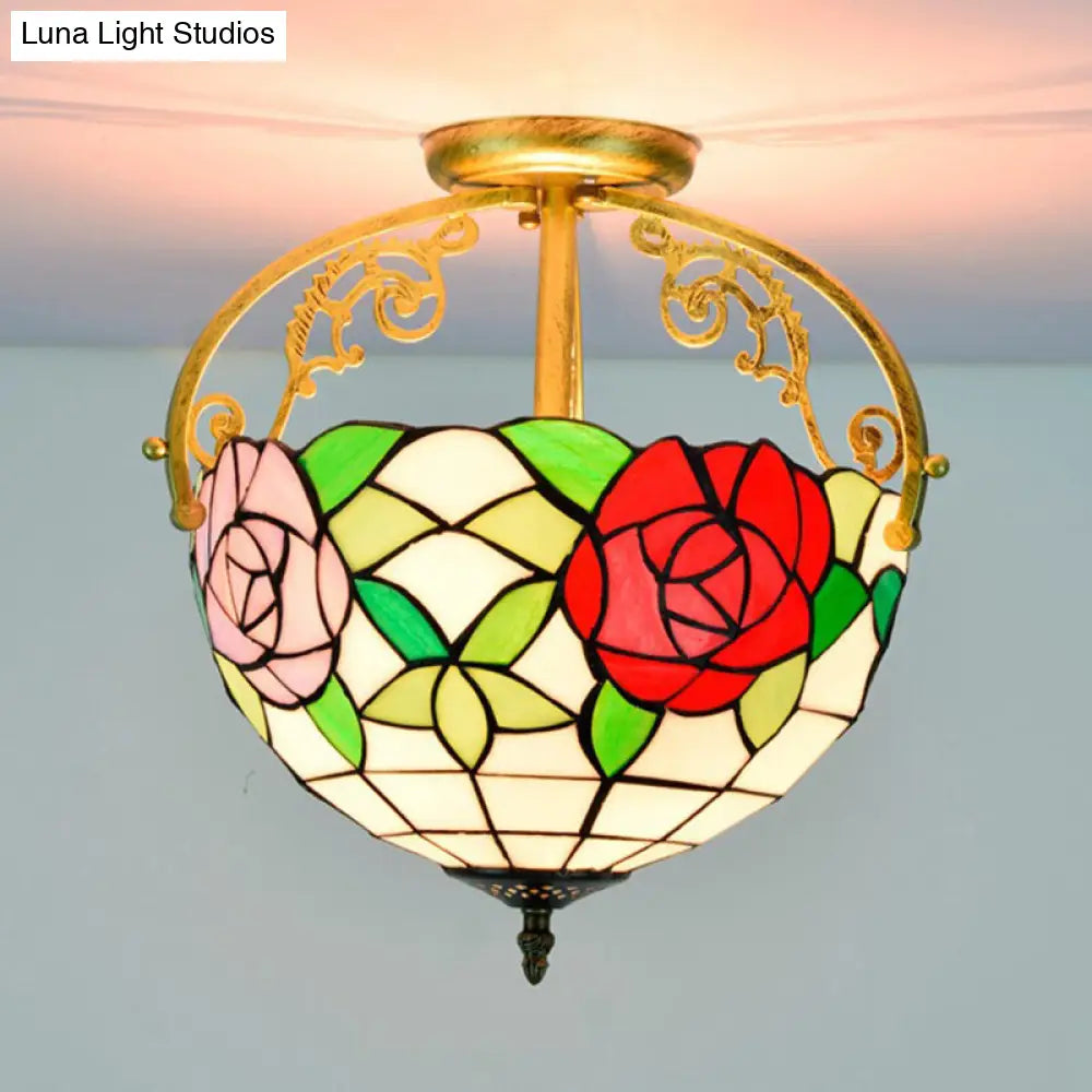 Stained Glass Rose Semi Flush Mount Lighting - Elegant 2-Light Mediterranean Ceiling Fixture in Red/Pink/Blue