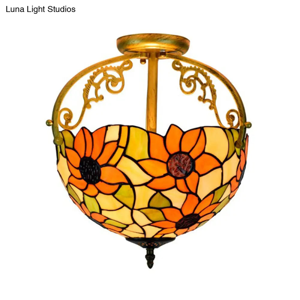 Stained Glass Rose Semi Flush Mount Lighting - Elegant 2-Light Mediterranean Ceiling Fixture in Red/Pink/Blue