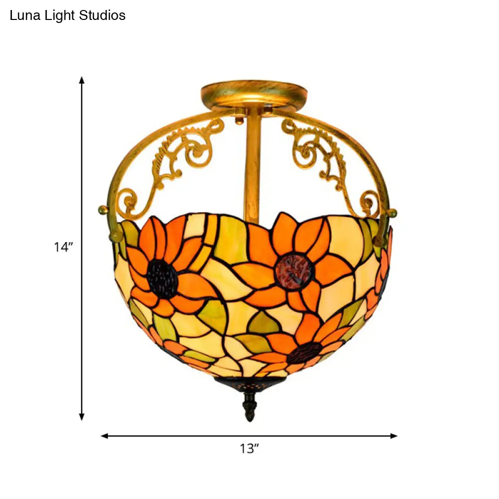 Stained Glass Rose Semi Flush Mount Lighting - Elegant 2-Light Mediterranean Ceiling Fixture in Red/Pink/Blue