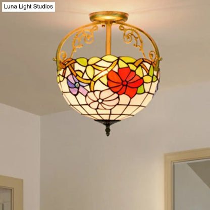 Stained Glass Rose Semi Flush Mount Lighting - Elegant 2-Light Mediterranean Ceiling Fixture in Red/Pink/Blue