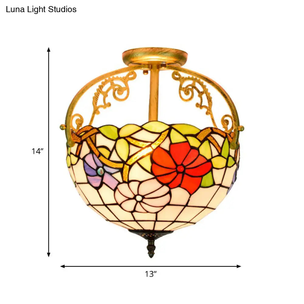 Stained Glass Rose Semi Flush Mount Lighting - Elegant 2-Light Mediterranean Ceiling Fixture in Red/Pink/Blue