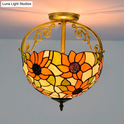 Stained Glass Rose Semi Flush Mount Lighting - Elegant 2-Light Mediterranean Ceiling Fixture in Red/Pink/Blue