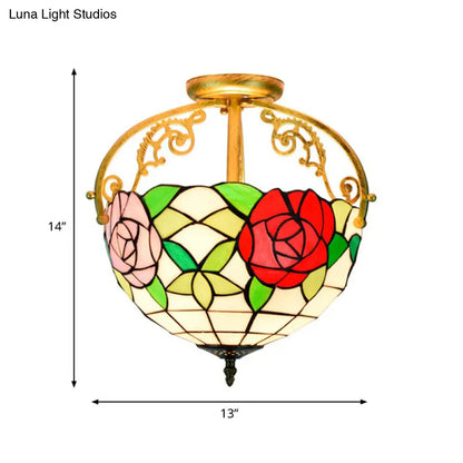 Stained Glass Rose Semi Flush Mount Lighting - Elegant 2-Light Mediterranean Ceiling Fixture in Red/Pink/Blue