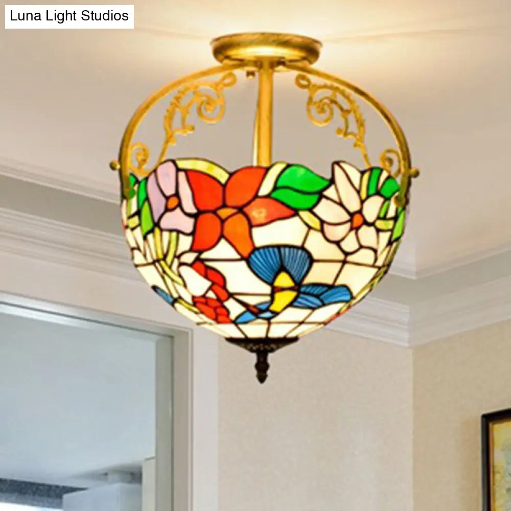 Stained Glass Rose Semi Flush Mount Lighting - Elegant 2-Light Mediterranean Ceiling Fixture in Red/Pink/Blue