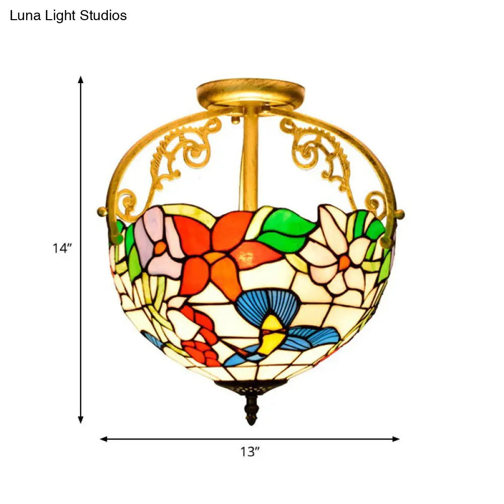 Stained Glass Rose Semi Flush Mount Lighting - Elegant 2-Light Mediterranean Ceiling Fixture in Red/Pink/Blue