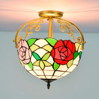 Stained Glass Rose Semi Flush Mount Lighting - Elegant 2-Light Mediterranean Ceiling Fixture in Red/Pink/Blue