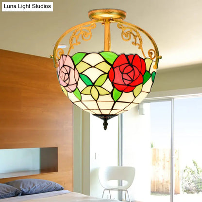 Stained Glass Rose Semi Flush Mount Lighting - Elegant 2-Light Mediterranean Ceiling Fixture in Red/Pink/Blue