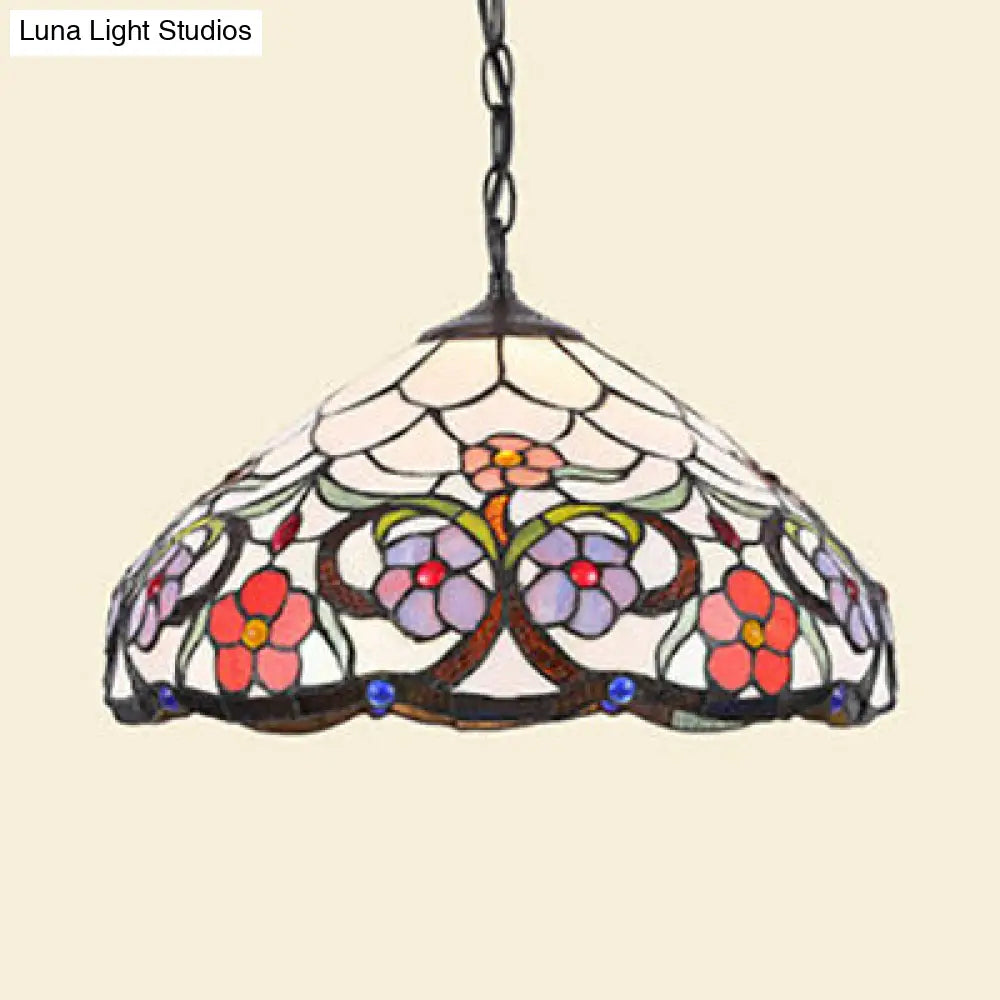 Stained Glass Rustic Tiffany Pendant Light: Multi Color Flower Hanging Light in Black Finish