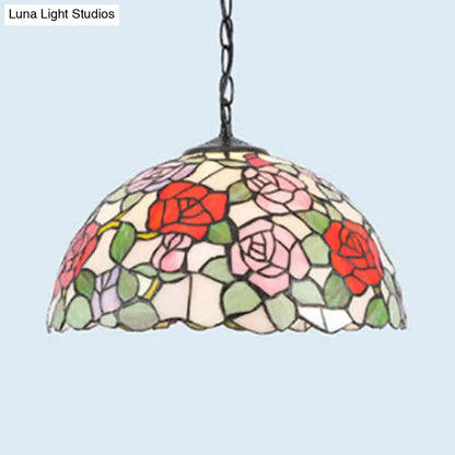 Stained Glass Rustic Tiffany Pendant Light: Multi Color Flower Hanging Light in Black Finish