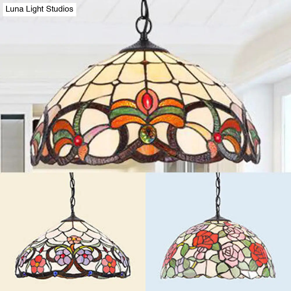 Stained Glass Rustic Tiffany Pendant Light: Multi Color Flower Hanging Light in Black Finish