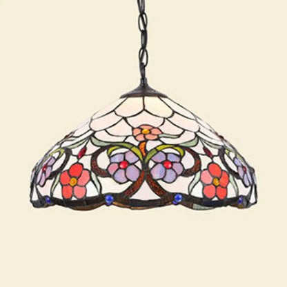 Stained Glass Rustic Tiffany Pendant Light: Multi Color Flower Hanging Light in Black Finish