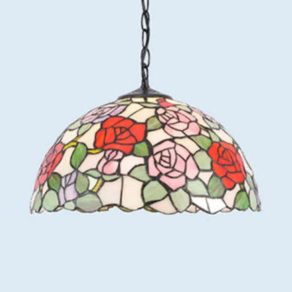 Stained Glass Rustic Tiffany Pendant Light: Multi Color Flower Hanging Light in Black Finish