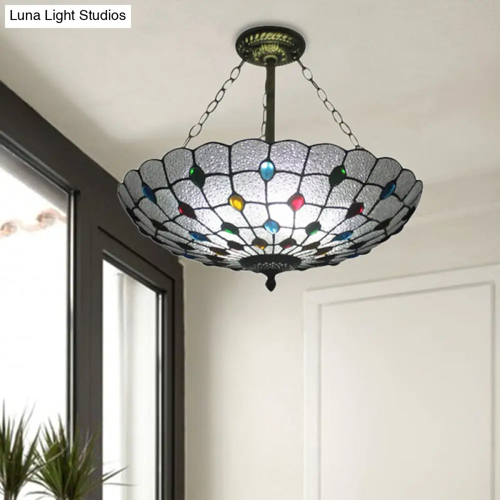DecorBites™ DecorBites™ Stained Glass Semi Flush Ceiling Light Fixture with Retro Jewel Pattern - Beige/Clear/Yellow Tones