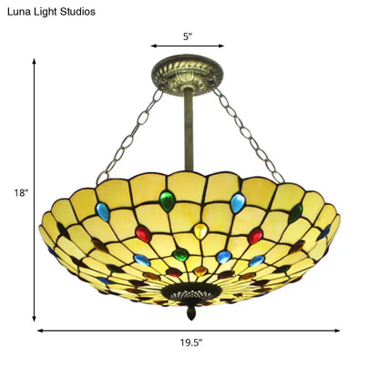 DecorBites™ DecorBites™ Stained Glass Semi Flush Ceiling Light Fixture with Retro Jewel Pattern - Beige/Clear/Yellow Tones