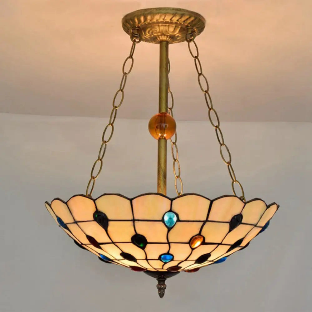 DecorBites™ DecorBites™ Stained Glass Semi Flush Ceiling Light Fixture with Retro Jewel Pattern - Beige/Clear/Yellow Tones