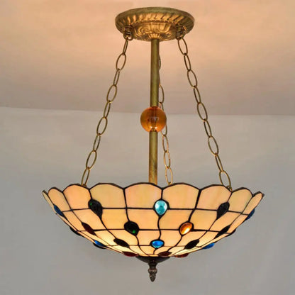 DecorBites™ DecorBites™ Stained Glass Semi Flush Ceiling Light Fixture with Retro Jewel Pattern - Beige/Clear/Yellow Tones