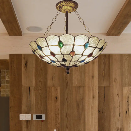DecorBites™ DecorBites™ Stained Glass Semi Flush Ceiling Light Fixture with Retro Jewel Pattern - Beige/Clear/Yellow Tones