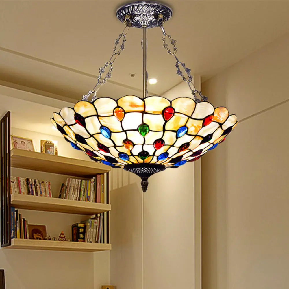 DecorBites™ DecorBites™ Stained Glass Semi Flush Ceiling Light Fixture with Retro Jewel Pattern - Beige/Clear/Yellow Tones