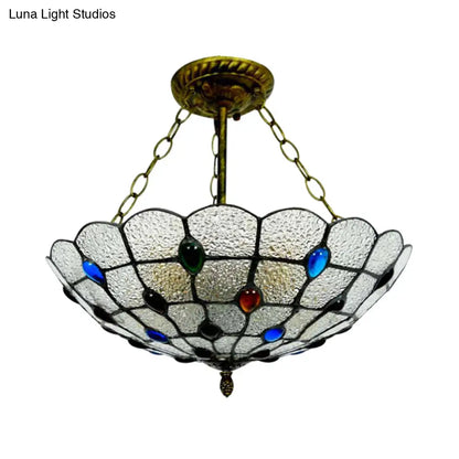 DecorBites™ DecorBites™ Stained Glass Semi Flush Ceiling Light Fixture with Retro Jewel Pattern - Beige/Clear/Yellow Tones