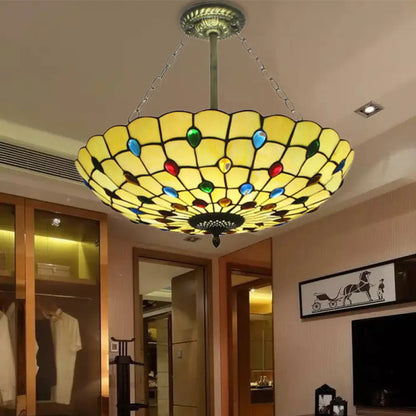 DecorBites™ DecorBites™ Stained Glass Semi Flush Ceiling Light Fixture with Retro Jewel Pattern - Beige/Clear/Yellow Tones