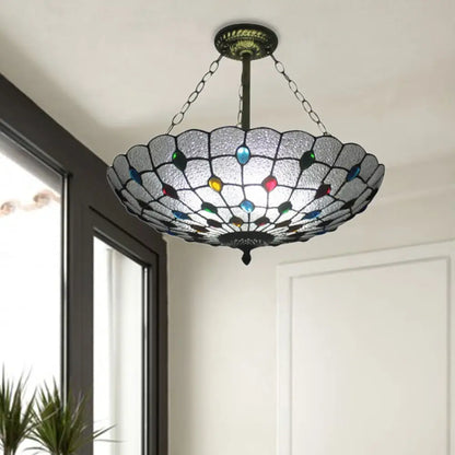 DecorBites™ DecorBites™ Stained Glass Semi Flush Ceiling Light Fixture with Retro Jewel Pattern - Beige/Clear/Yellow Tones