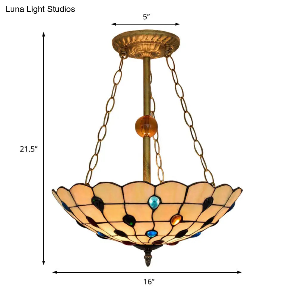 DecorBites™ DecorBites™ Stained Glass Semi Flush Ceiling Light Fixture with Retro Jewel Pattern - Beige/Clear/Yellow Tones