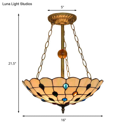 DecorBites™ DecorBites™ Stained Glass Semi Flush Ceiling Light Fixture with Retro Jewel Pattern - Beige/Clear/Yellow Tones
