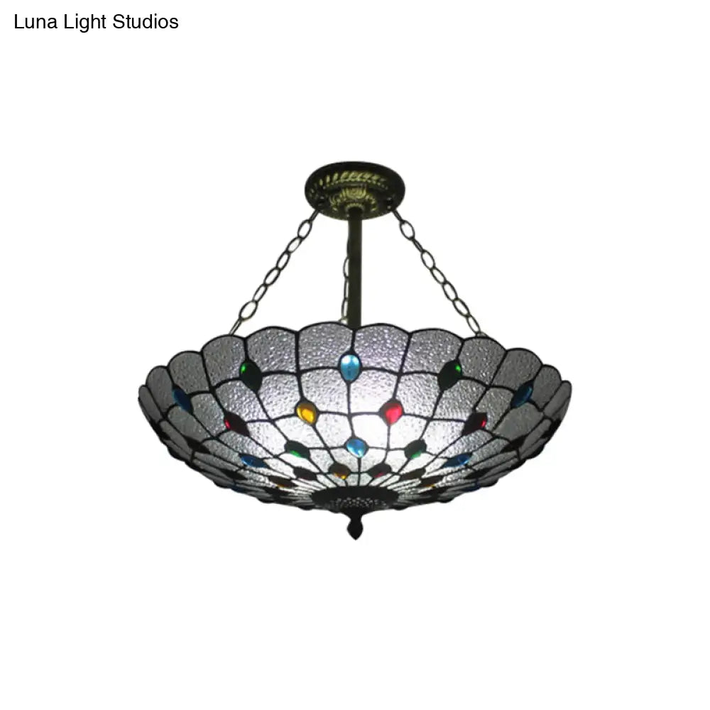 DecorBites™ DecorBites™ Stained Glass Semi Flush Ceiling Light Fixture with Retro Jewel Pattern - Beige/Clear/Yellow Tones
