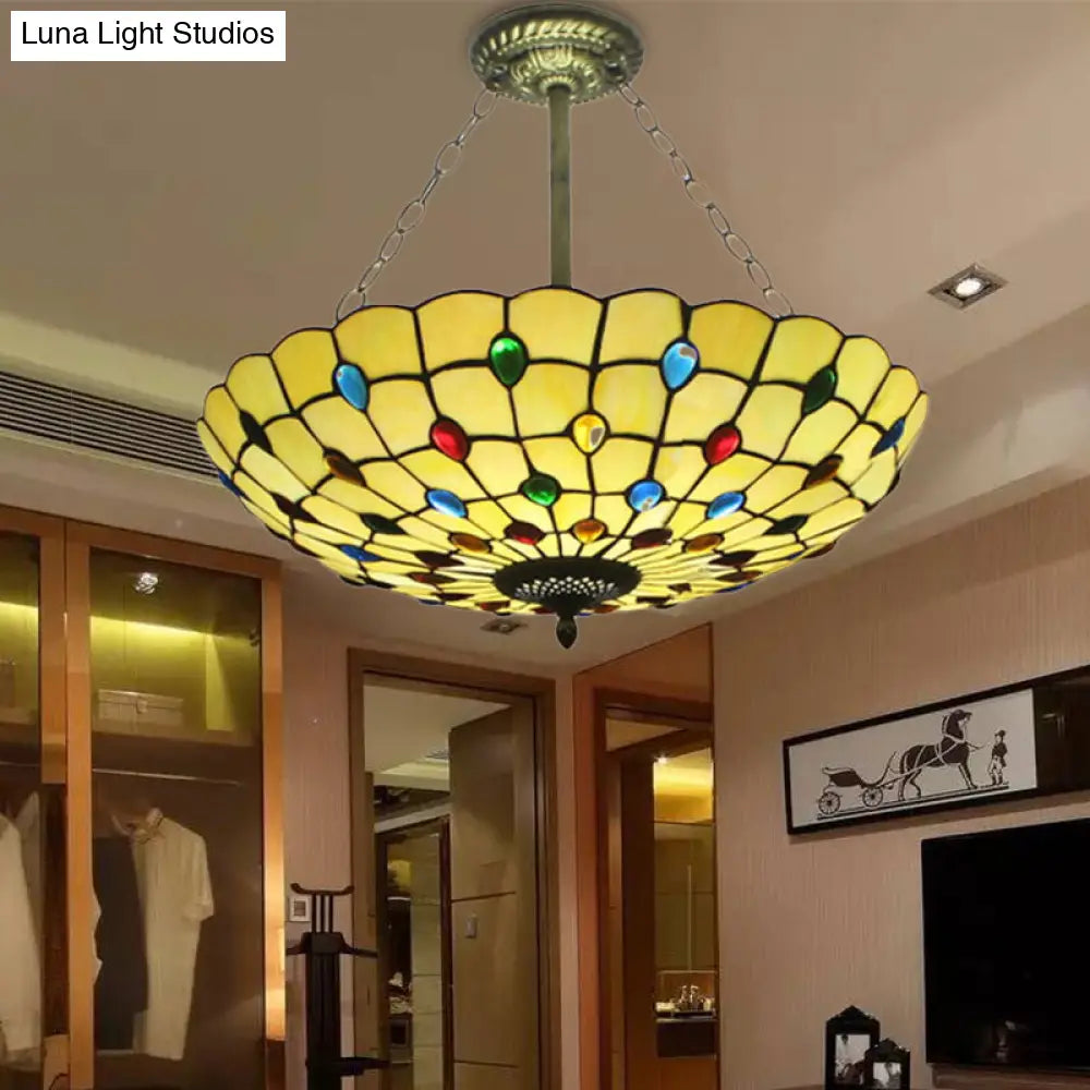 DecorBites™ DecorBites™ Stained Glass Semi Flush Ceiling Light Fixture with Retro Jewel Pattern - Beige/Clear/Yellow Tones