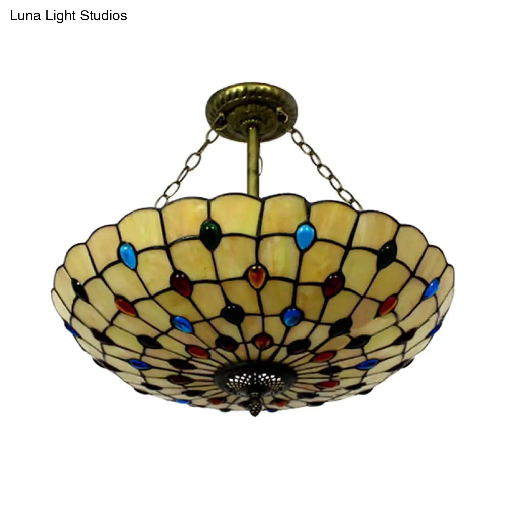 DecorBites™ DecorBites™ Stained Glass Semi Flush Ceiling Light Fixture with Retro Jewel Pattern - Beige/Clear/Yellow Tones