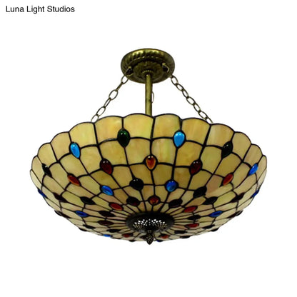 DecorBites™ DecorBites™ Stained Glass Semi Flush Ceiling Light Fixture with Retro Jewel Pattern - Beige/Clear/Yellow Tones