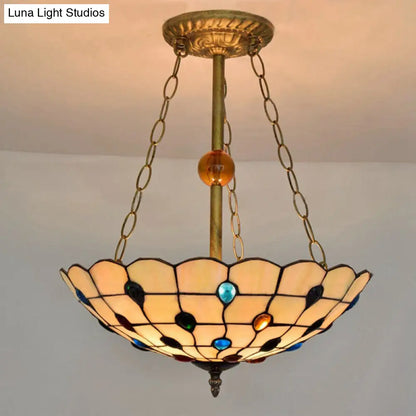 DecorBites™ DecorBites™ Stained Glass Semi Flush Ceiling Light Fixture with Retro Jewel Pattern - Beige/Clear/Yellow Tones