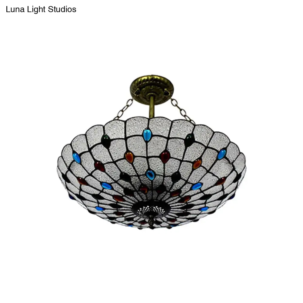 DecorBites™ DecorBites™ Stained Glass Semi Flush Ceiling Light Fixture with Retro Jewel Pattern - Beige/Clear/Yellow Tones