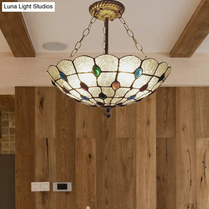 DecorBites™ DecorBites™ Stained Glass Semi Flush Ceiling Light Fixture with Retro Jewel Pattern - Beige/Clear/Yellow Tones