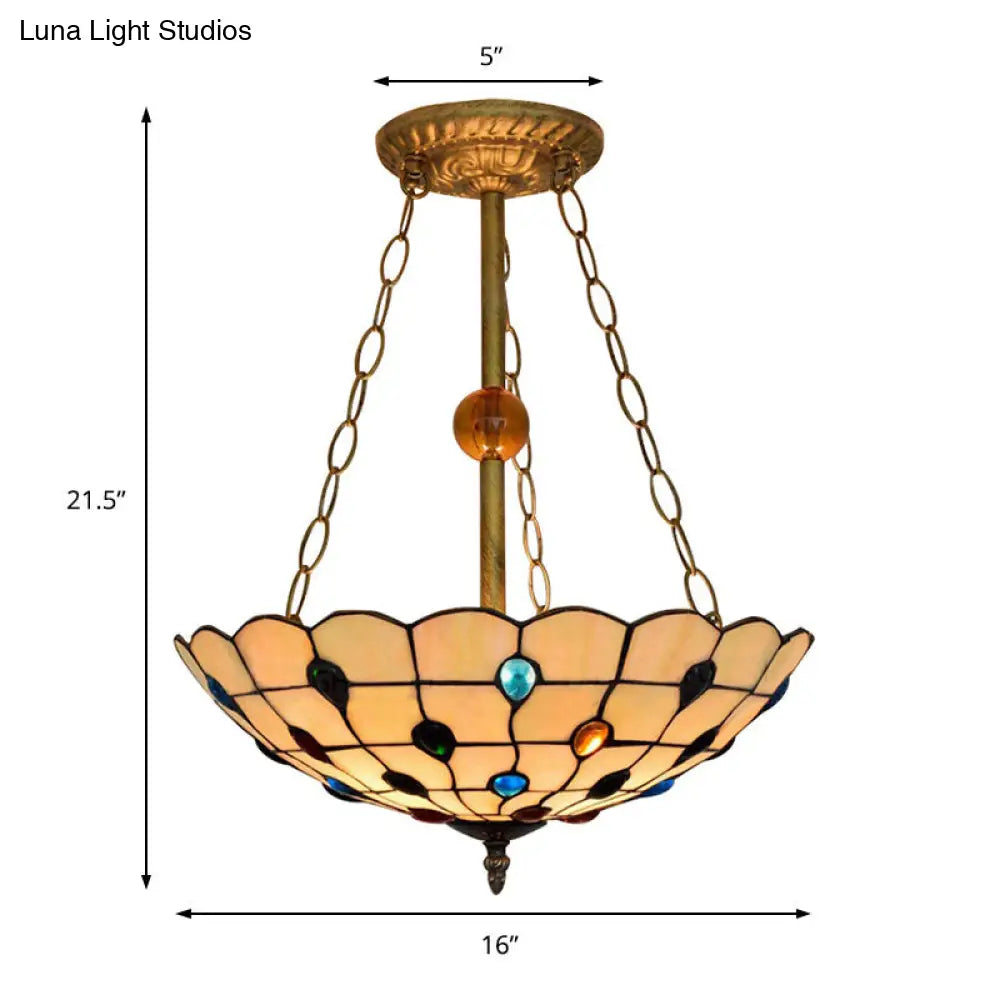 DecorBites™ DecorBites™ Stained Glass Semi Flush Ceiling Light Fixture with Retro Jewel Pattern - Beige/Clear/Yellow Tones