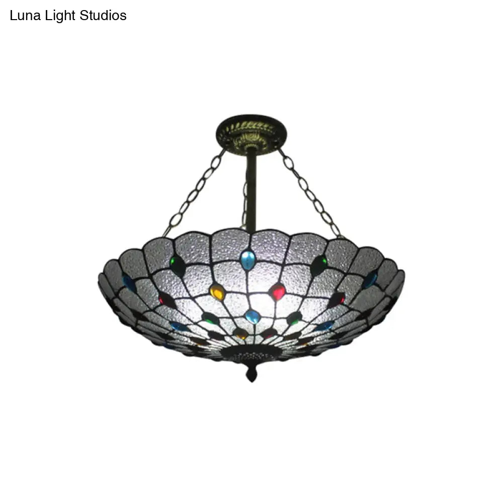 DecorBites™ DecorBites™ Stained Glass Semi Flush Ceiling Light Fixture with Retro Jewel Pattern - Beige/Clear/Yellow Tones