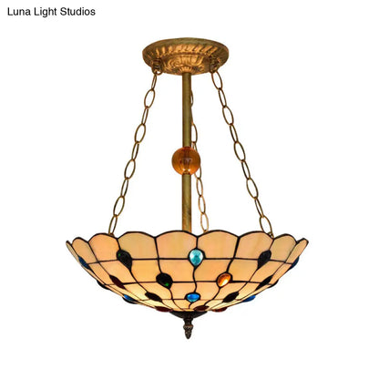 DecorBites™ DecorBites™ Stained Glass Semi Flush Ceiling Light Fixture with Retro Jewel Pattern - Beige/Clear/Yellow Tones
