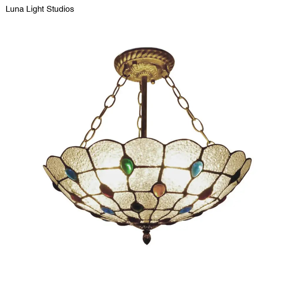 DecorBites™ DecorBites™ Stained Glass Semi Flush Ceiling Light Fixture with Retro Jewel Pattern - Beige/Clear/Yellow Tones