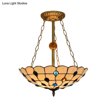 DecorBites™ DecorBites™ Stained Glass Semi Flush Ceiling Light Fixture with Retro Jewel Pattern - Beige/Clear/Yellow Tones