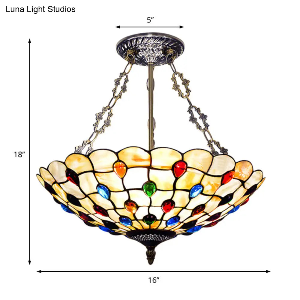 DecorBites™ DecorBites™ Stained Glass Semi Flush Ceiling Light Fixture with Retro Jewel Pattern - Beige/Clear/Yellow Tones