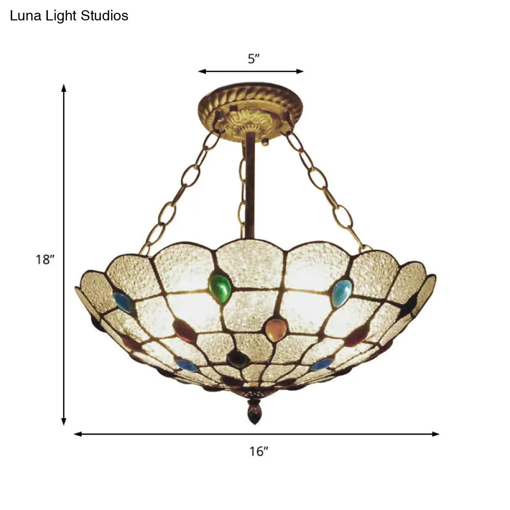 DecorBites™ DecorBites™ Stained Glass Semi Flush Ceiling Light Fixture with Retro Jewel Pattern - Beige/Clear/Yellow Tones