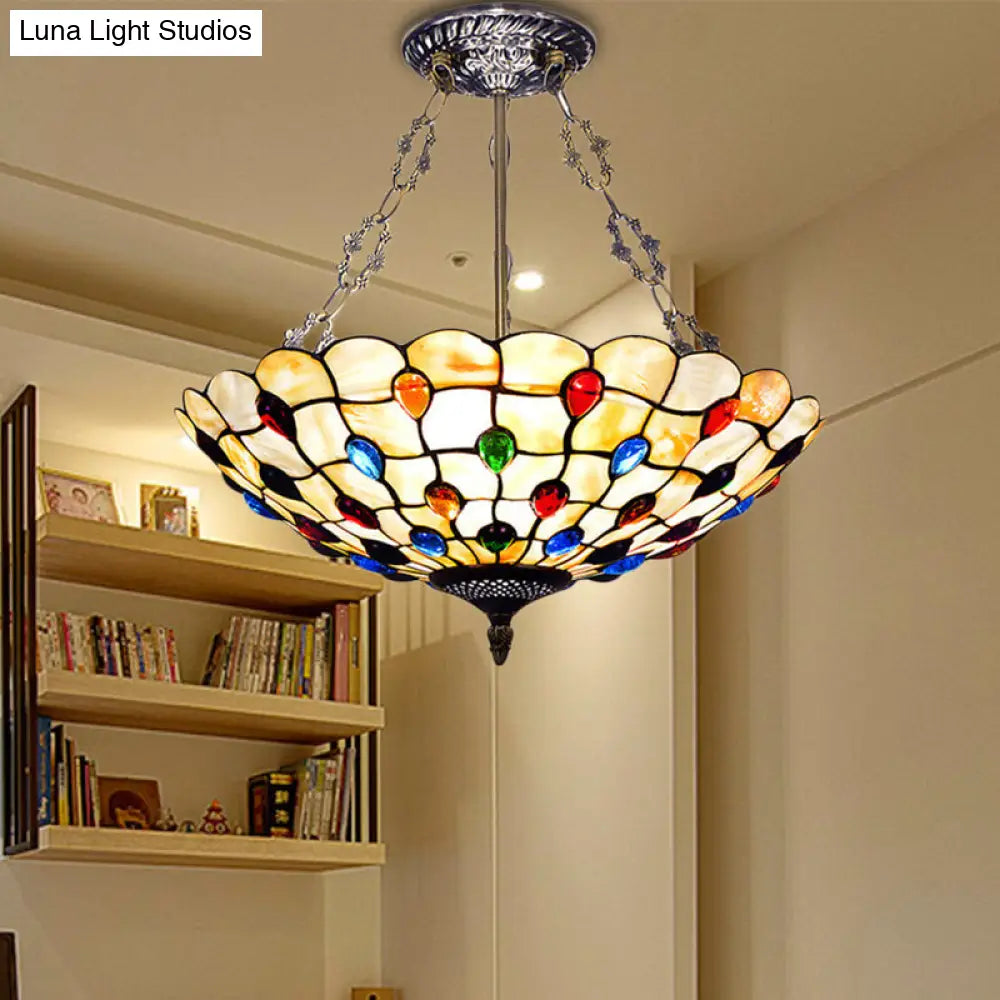 DecorBites™ DecorBites™ Stained Glass Semi Flush Ceiling Light Fixture with Retro Jewel Pattern - Beige/Clear/Yellow Tones