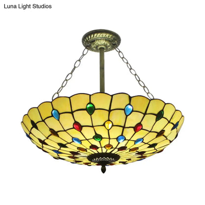 DecorBites™ DecorBites™ Stained Glass Semi Flush Ceiling Light Fixture with Retro Jewel Pattern - Beige/Clear/Yellow Tones