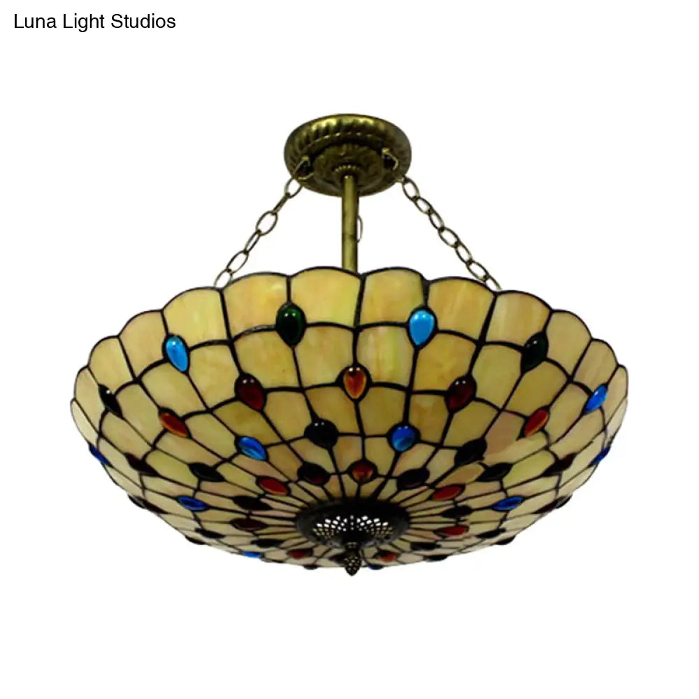 DecorBites™ DecorBites™ Stained Glass Semi Flush Ceiling Light Fixture with Retro Jewel Pattern - Beige/Clear/Yellow Tones